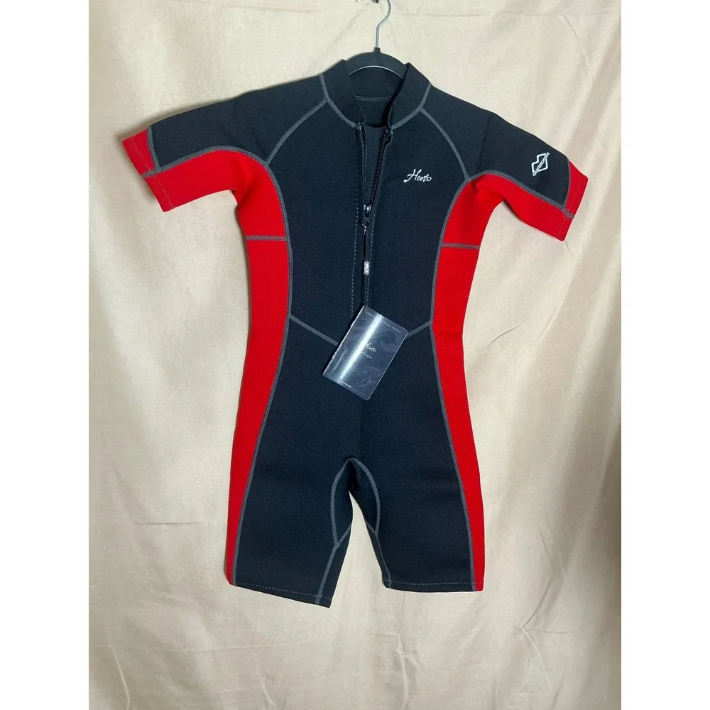 Hevto Wetsuit Shorty Kids Size 12 Black Red New Front Zip 2mm Neoprene Youth